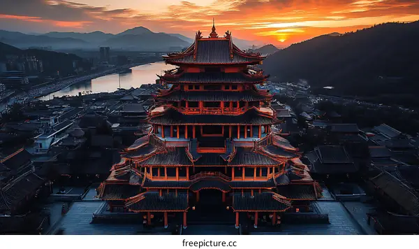 Aerial View of Chinese Architecture at Sunset