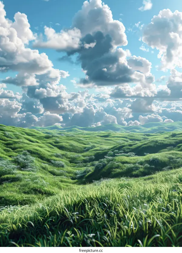 4K UHD Green Grassland Landscape with White Cloudscape