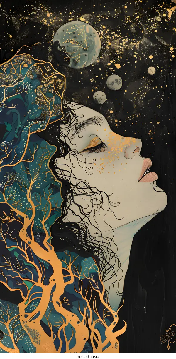 girl face with tree branches and stars