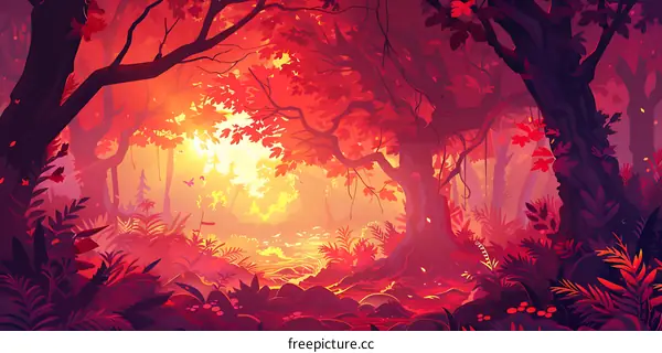 Vibrant Forest Illustration with Lush Greenery and Sun Rays