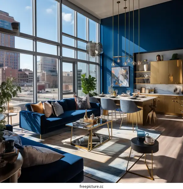 Blue and gold modern living room interior design