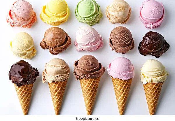Delicious Variety of Ice Cream Scoops in Waffle Cones