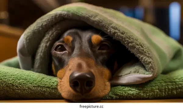A dachshund dog is lying on the floor under a blanket