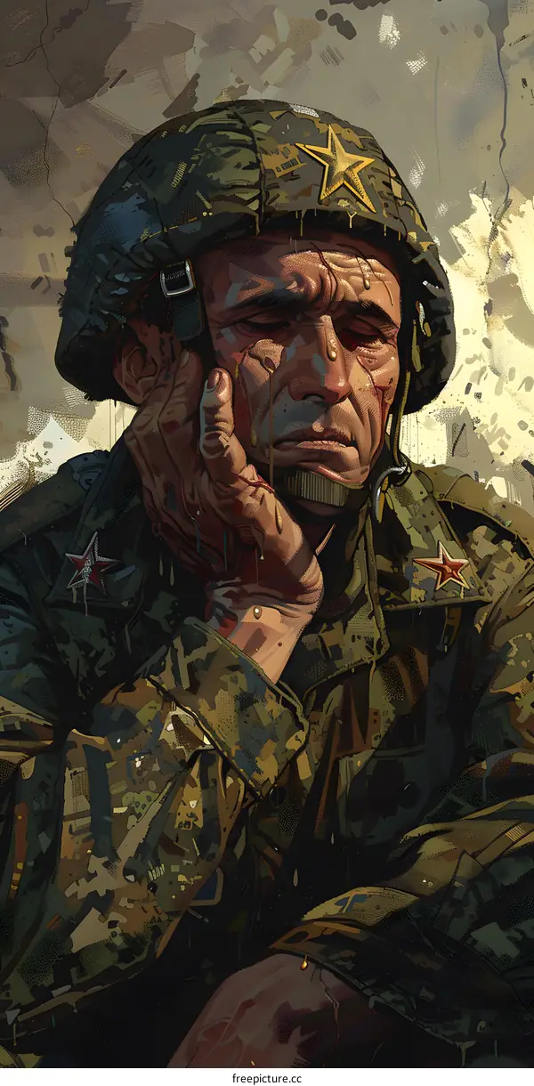A soldier wearing a green helmet with a red star on it is sitting down and holding his head in his hand. He looks sad and tired.