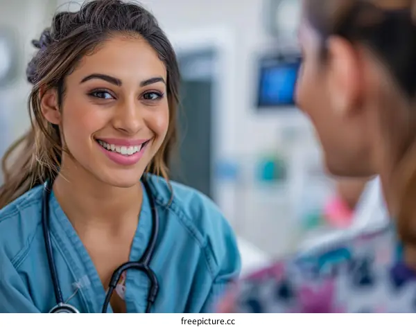 Close-up of a smiling female nurse wearing blue scrubs