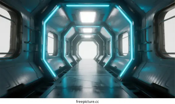 Futuristic Blue-Lit Spacecraft Corridor with Windows and Metal Walls