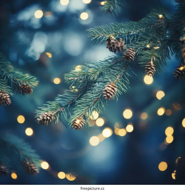 Christmas tree branches with cones and blurred lights in the background