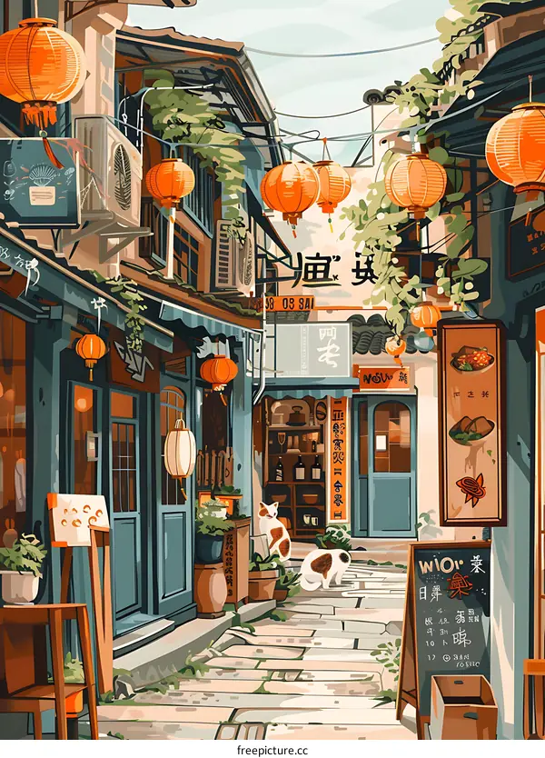 Chinese Street Illustration with Lanterns and Cats