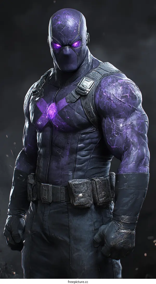 Superhero in Dark Purple Costume with Purple X