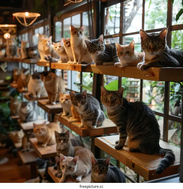 A group of cats sitting on shelves in a room