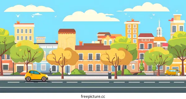 Cartoon Cityscape With Buildings and Cars