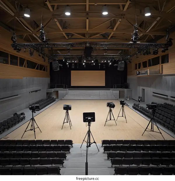 Empty Auditorium with Wooden Floor and Stage