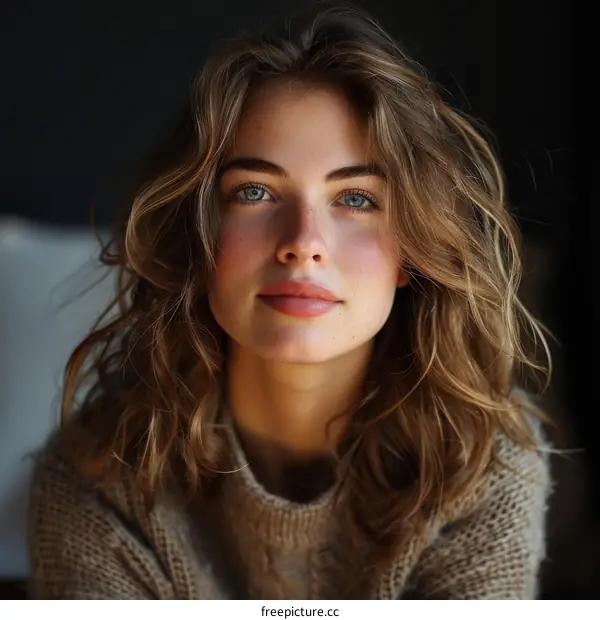 portrait of a beautiful young woman with long brown hair and blue eyes