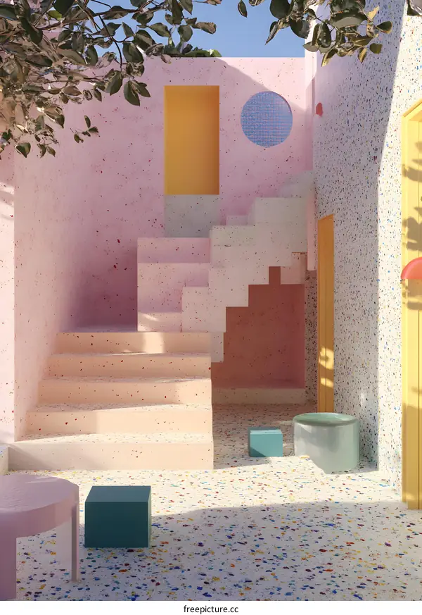 Colorful Abstract Minimalist Architecture with Pink and Yellow Walls