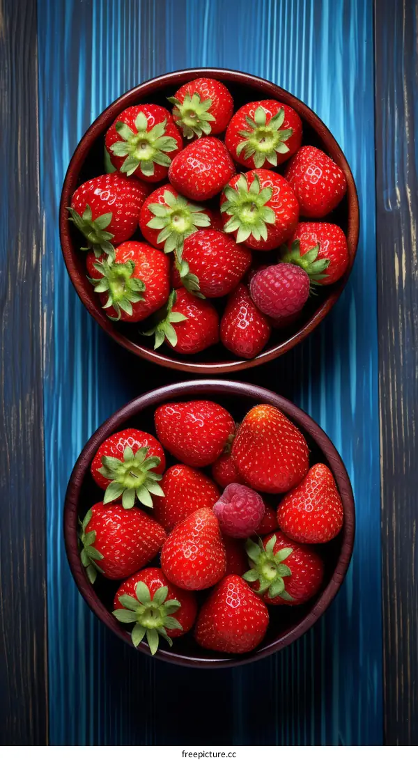 Two wooden bowls filled with fresh strawberries and raspberries on a blue wooden background