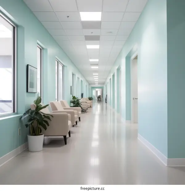 Empty Green Hospital Hallway with White Chairs
