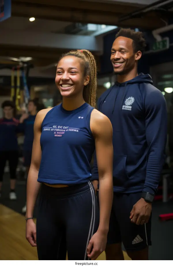 Two people standing in a gym smiling