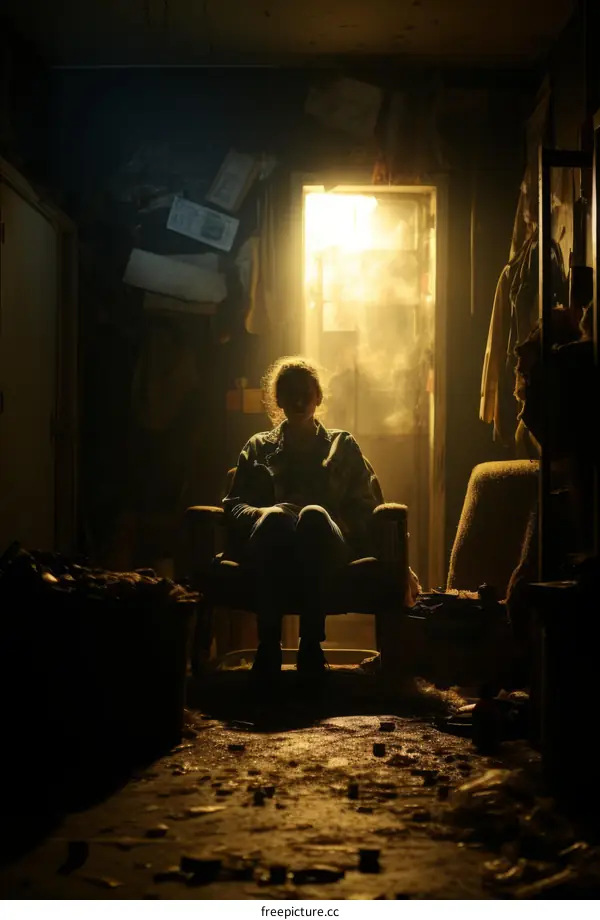 Woman sitting in a chair in a dark room