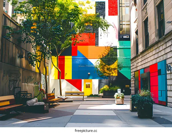 Colorful Geometric Mural on Brick Wall in City Alley
