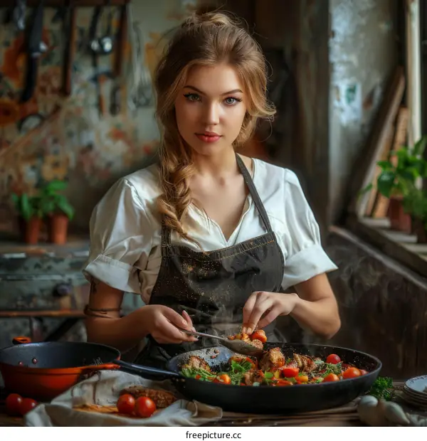 Portrait of a beautiful young woman in a white blouse and denim apron cooking in a rustic kitchen