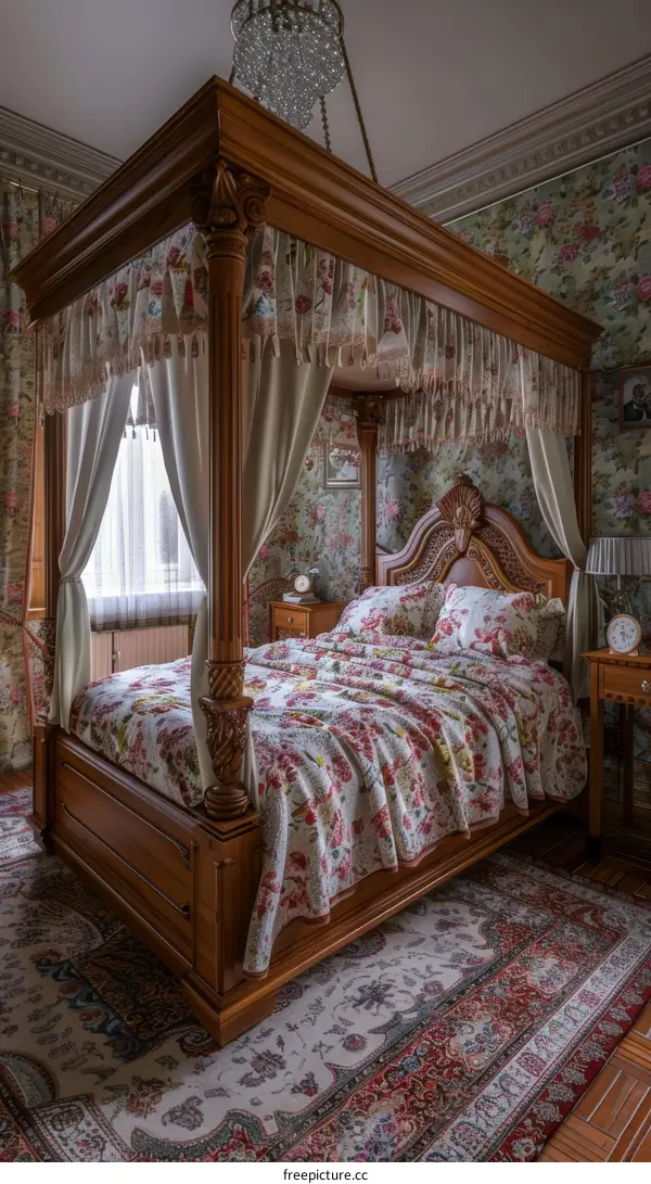 Antique Wooden Four-Poster Bed in a Floral Room
