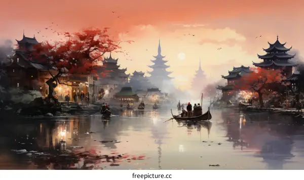 Tranquil Canal Town at Sunset