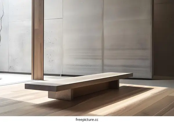 Minimalist Wooden Bench Interior Design Concrete Wall