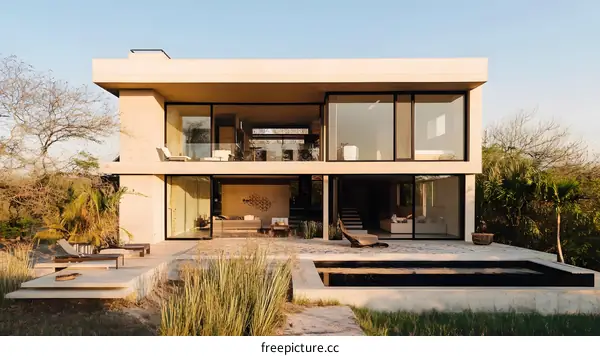 Modern Concrete House with Swimming Pool and Outdoor Patio