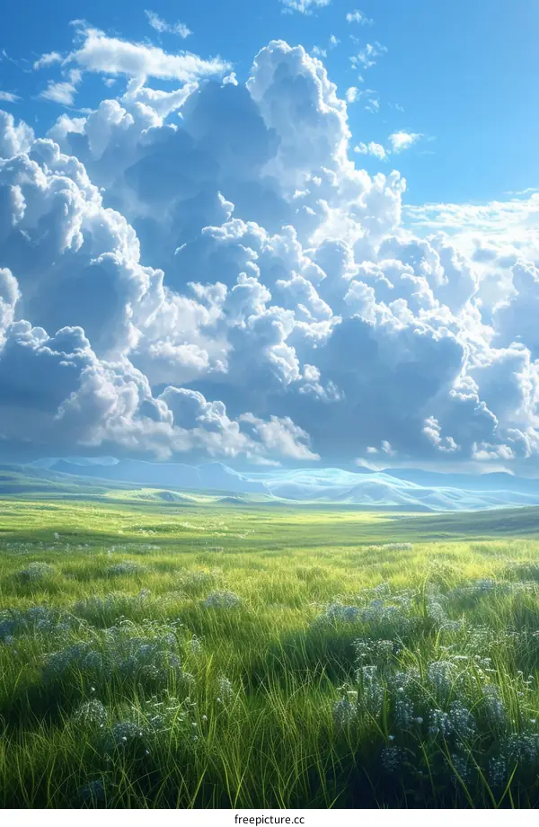 Serene Landscape of Lush Green Meadow Under Clear Blue Sky and White Clouds