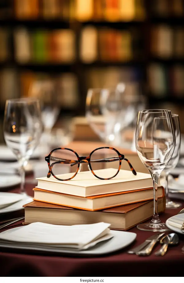 Wine Glasses on a Stack of Books for a Dinner Party