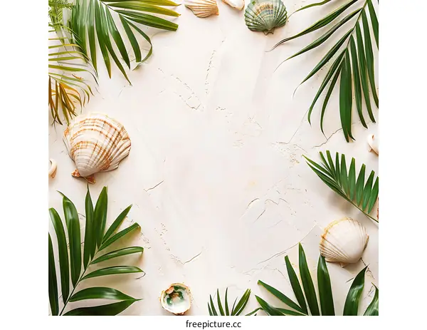 Summer Tropical Background with Palm Leaves and Seashells