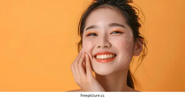 Smiling Asian Woman Applying Facial Mask