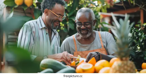 Two elderly black men are cutting fruit in a lush garden.