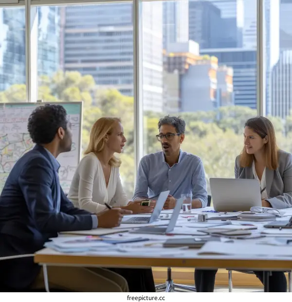 Four people in a business meeting discussing ideas and using technology