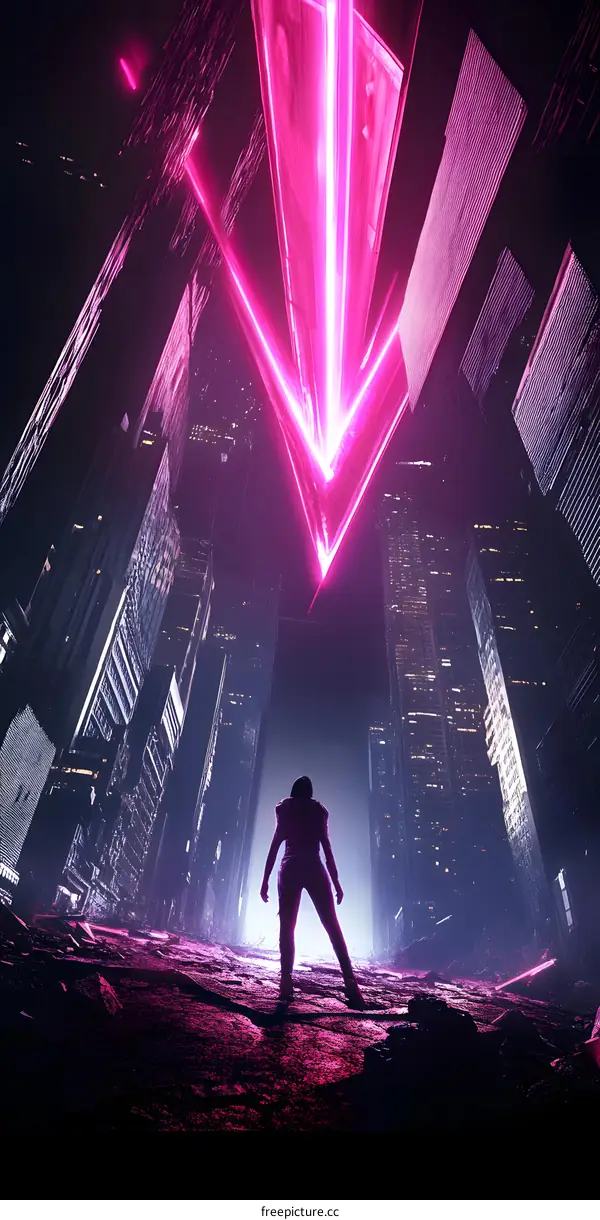 Neon City Lights and Woman with Pink Arrow