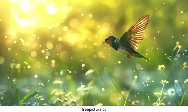 A bird is flying over a field of flowers with a beautiful bokeh background