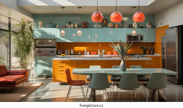 Retro Pop Style Kitchen With Orange and Blue Cabinets