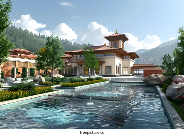 A beautiful Tibetan style building with a courtyard and a fountain