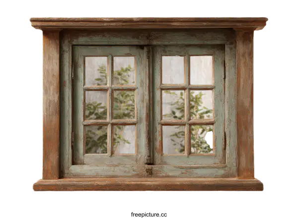 [Transparent Background PNG]Vintage Wooden Window Decorated with Mirror
