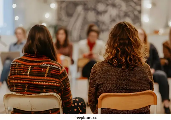 Back View Of Women Sitting In Chairs In Meeting