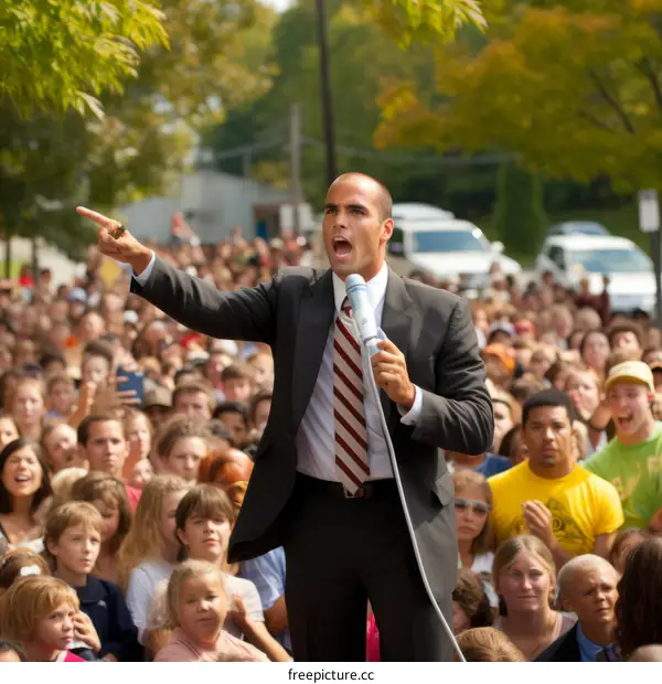 A politician giving a speech to a crowd of people