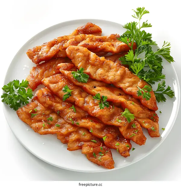 strips of bacon with parsley on a white plate