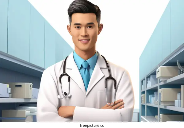Smiling Asian Male Doctor in White Coat