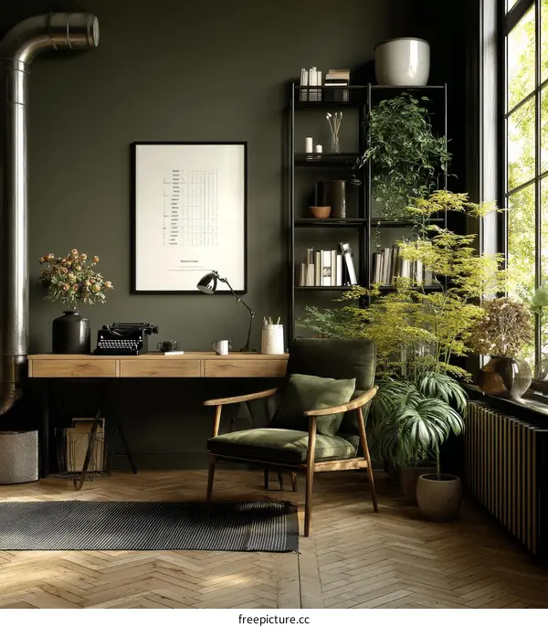 Modern Home Office with Greenery and Wooden Details