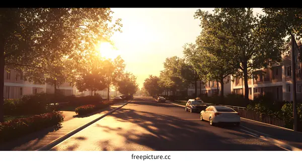 Sunset View of a Suburban Street with Cars