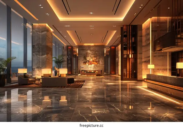 Modern office interior with marble floor and big windows