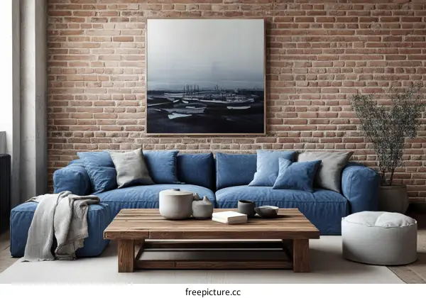Modern Living Room with Blue Sofa and Brick Wall