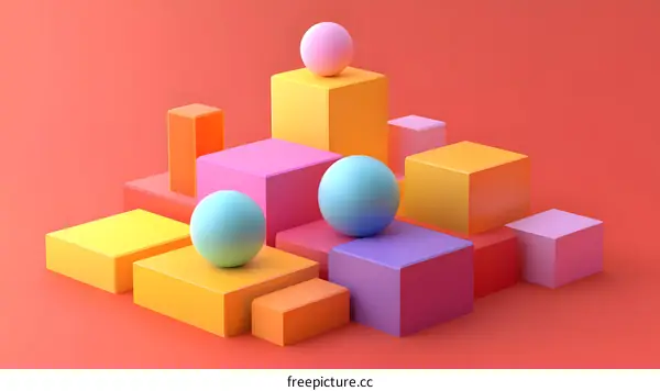 Colorful Geometric Shapes on a Red Background