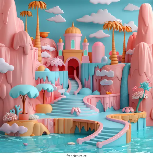 Whimsical 3D illustration of a fantasy landscape with a castle