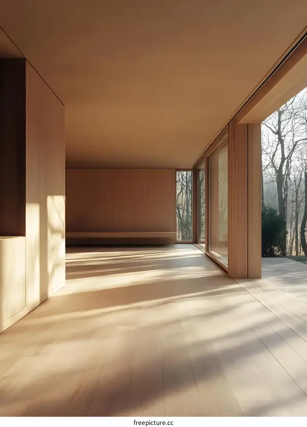 Minimalist Interior Design with Wooden Walls and Large Windows